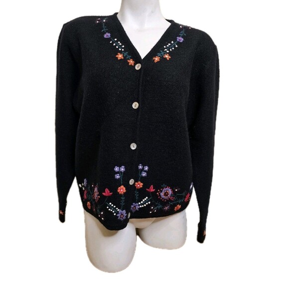 VTG Karen Scott PL Black Wool Floral Embroidered Button-Up Cardigan Cottagecore - Picture 1 of 16